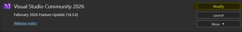 Open Visual Studio Installer, and click modify.